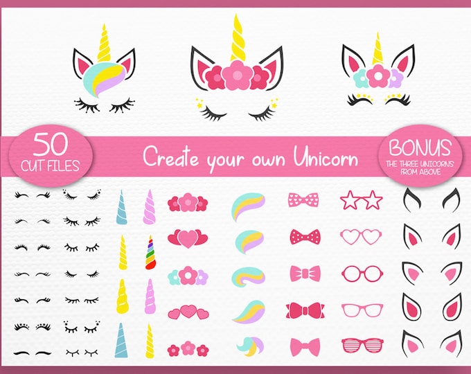 Unicorn SVG - Unicorn Kit SVG - Create your own - Cut files - Eyelashes svg - Horn svg - Unicorn Face SVG - For Cricut, Silhouette and more