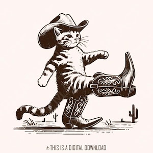 Conception drôle de chat de cowboy occidental, Png de chat de cowboy rétro, téléchargement numérique, conception de sublimation, clipart vintage, cadeau nostalgique, pays