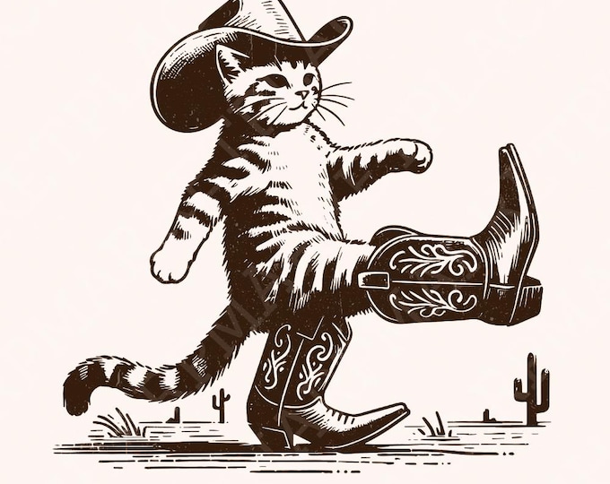 Funny Western Cowboy Cat Design, Retro Cowboy Cat Png, Digital Download, Sublimation Design, Vintage Clipart, Nostalgic Gift, Country