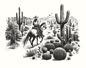Vintage Cowboy in Desert Illustration, Retro Western Cowboy, Wild West Scene, Country Cowboy, Desert Landscape with Cacti, Horse Rider PNG