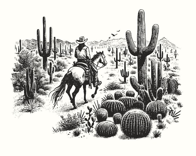 Vintage Cowboy in Desert Illustration, Retro Western Cowboy, Wild West Scene, Country Cowboy, Desert Landscape with Cacti, Horse Rider PNG