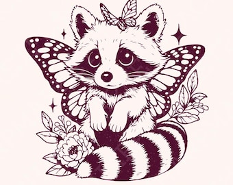 Cute Hybrid Raccoon with Butterfly Wings PNG, Vintage Animal png, Funny Raccoon Sublimation, Hand Drawn Style, Instant Download Design