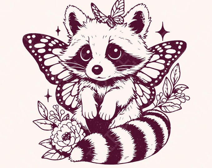 Cute Hybrid Raccoon with Butterfly Wings PNG, Vintage Animal png, Funny Raccoon Sublimation, Hand Drawn Style, Instant Download Design