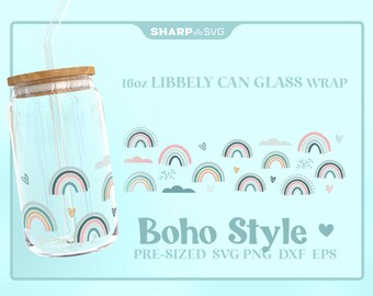 Boho Rainbow Libbey Can Glass Wrap SVG • 16oz Glass Beer Can Cutfile • Can Template • digital files dxf eps png • Cricut • Silhouette