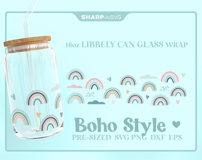 Boho Rainbow Libbey Can Glass Wrap SVG • 16oz Glass Beer Can Cutfile • Can Template • digital files dxf eps png • Cricut • Silhouette