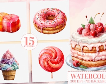 Sweet Delights Clipart Bundle: 15 Premium Sweets - Cakes, Ice Cream, Donuts, Candies PNG, Watercolor Dessert Pack, Digital Download, 300 DPI