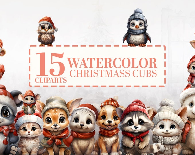 15 Watercolor Christmas Woodland Animals Clipart - Winter Baby Forest PNG Bundle - Deer, Bunny, Owl, Panda, Seal, Polar Bear - Xmas Card Art