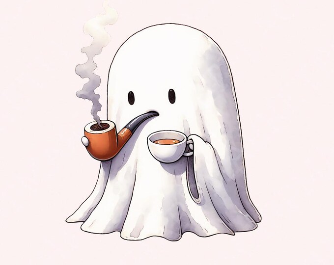 Cozy Ghost with Pipe and Coffee T-Shirt Design, Cute and Relaxing Digital Download, Adorable Spooky Graphic for Apparel, Printable Art