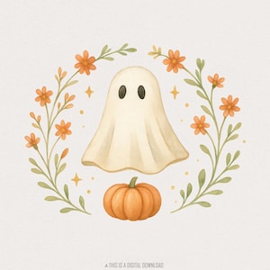 Leuke spookpompoen PNG, herfst Halloween spook clipart PNG, bloemen pompoen spook digitale print, aquarel spookachtige herfst PNG Tee Art
