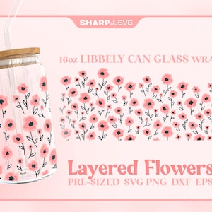 Schattige roze bloemen SVG blikje glas wrap SVG • 16oz glas bierblikje Cutfile • Blikje sjabloon • digitale bestanden dxf eps png • Cricut • Silhouet