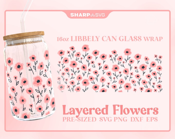 Cute Pink Flowers SVG Can Glass Wrap SVG • 16oz Glass Beer Can Cutfile • Can Template • digital files dxf eps png • Cricut • Silhouette