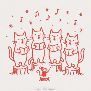 Coro di gatti cantanti in formato PNG, Clipart di cantori di gatti natalizi stravaganti, Download digitale di PNG di gatti carini, Design musicale di animali per magliette natalizie