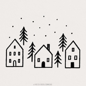 Casa invernale minimalista in formato PNG, Arte scandinava per la casa, Alberi accoglienti in formato PNG, Download digitale in bianco e nero, Stampa moderna per decorazioni da parete in stile nordico