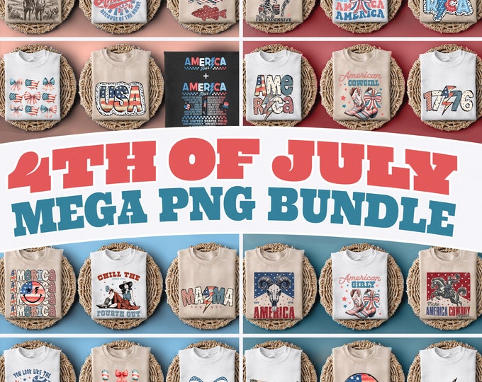 Ultimate 25 PNG 4th of July Mega Bundle, Patriotic Retro Cowboy, Coquette, American Flag, Western Bull Skull & More Sublimation Designs