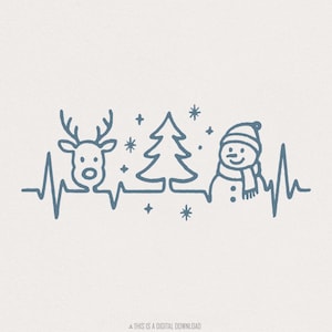 PNG di Natale retrò, disegno di Natale minimalista con renne, pupazzo di neve e albero, arte invernale con battito cardiaco, download di PNG, festa carina per bambini