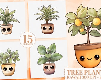 15 Kawaii Tree Plant Cliparts: Unique Watercolor Plants PNG, Classroom Decor, Cute Stickers, Commercial Use, Ficus, Kentia, Lemon, Olive