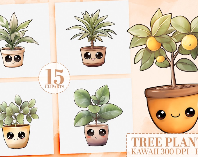 15 Kawaii Tree Plant Cliparts: Unique Watercolor Plants PNG, Classroom Decor, Cute Stickers, Commercial Use, Ficus, Kentia, Lemon, Olive