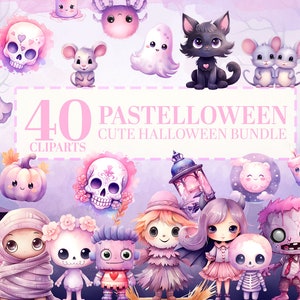40 Pastelloween-clipartbundel: schattige pastel Halloween-png&#39;s, aquarel spookachtige personages sublimatie, kawaii pompoen voor kinderen, spook, commercieel