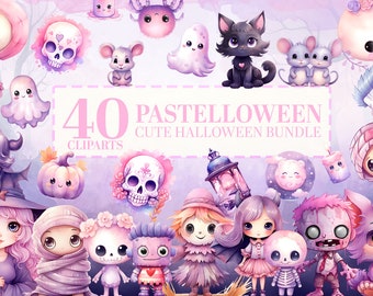 40 Pastelloween Clipart Bundle: Cute Pastel Halloween PNGs, Watercolor Spooky Characters Sublimation, Kids Kawaii Pumpkin, Ghost, Commercial