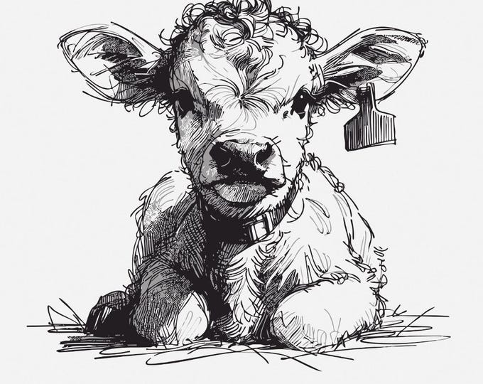 Adorable Calf PNG, Cute Farm Animal, Baby Cow Drawing, Rustic Country Farm Art, Black and White Calf Design, Minimalist Farm Life PNG