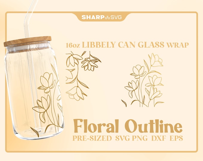 Floral Outline Can Glass Wrap SVG • 16oz Glass Beer Can Cutfile • Can Template • digital files dxf eps png • Cricut • Silhouette