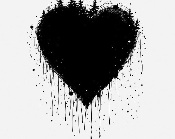 Dripping Heart PNG, Forest Silhouette Design, Nature Lover's Grunge, Artistic Heart Sublimation, Enigmatic Woodland Heart Print