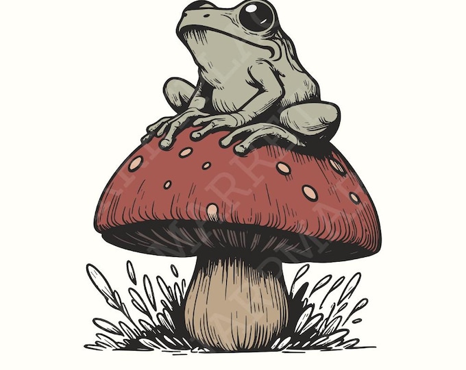 Frog Mushroom PNG, Sublimation, CuteClipart, Commercial Use, Witchcraft, Celestial, Cute Animal, Nursery Art, Magical Mushrooms, Fairy Tale