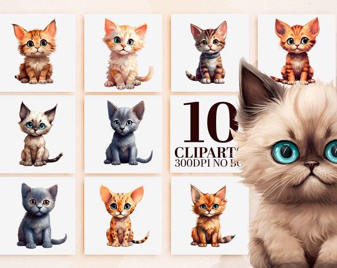 Cute Cat Breeds Watercolor Clipart Bundle, 10 Unique Cats, Printable Art, Sublimation PNG, Commercial Use, Instant Download VOL 3