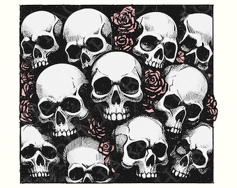 Skull and Roses PNG, Gothic Floral Design, Vintage Skulls Sublimation, Black and White Skull, Rose Decor, Digital Download