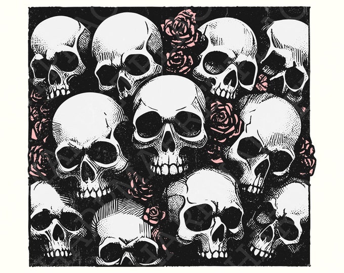 Skull and Roses PNG, Gothic Floral Design, Vintage Skulls Sublimation, Black and White Skull, Rose Decor, Digital Download