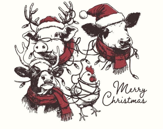 Cute Christmas Farm Animals PNG, Retro Farm Xmas Clipart, Highland Cow, Christmas Dairy, Vintage Christmas Vibes, Funny Pig, Download