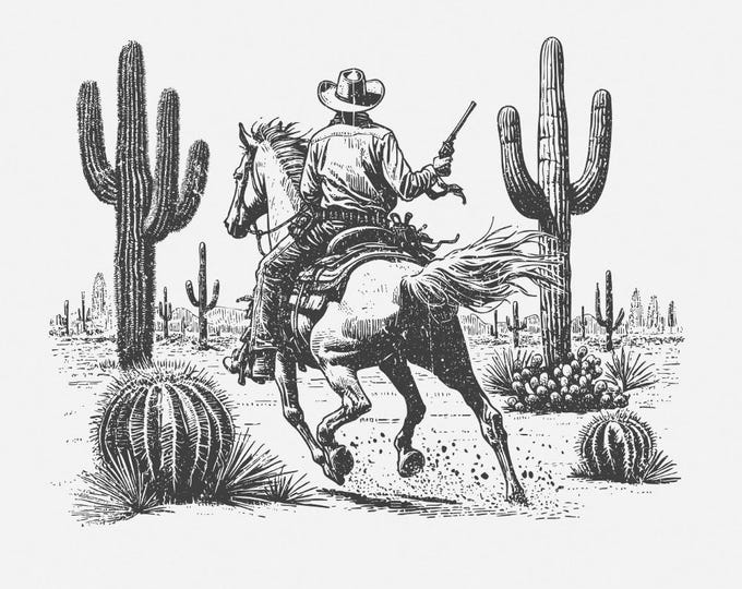 Wild West Cowboy PNG, Retro Desert Horseback Riding, Vintage Western Cowboy, Desert Scene with Cacti, Wild West Gun Rider Art
