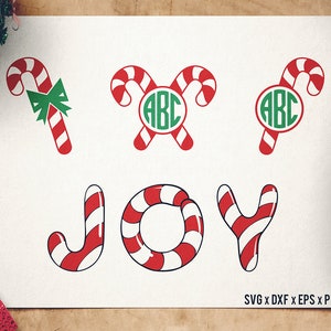 Bastón de caramelo navideño SVG - Monograma de bastón de caramelo SVG - Alegría navideña SVG - Archivos de corte navideños para Cricut - Silhouette y otros cortadores de vinilo