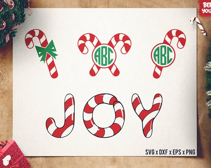 Christmas Candy Cane SVG - Candy Cane Monogram SVG - Christmas Joy SVG - Christmas Cut Files for Cricut - Silhouette and other Vinyl Cutters