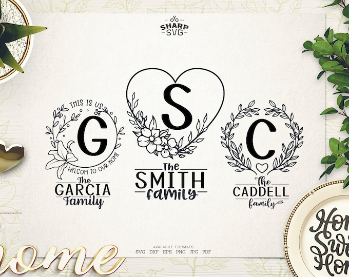 Family Monogram Wreath SVG - Family Sign SVG - Hand Drawn - Family Monogram SVG - Family Split Monogram Sign - Monogram svg