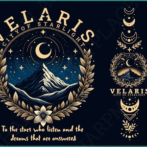 Paquete PNG digital de Velaris Starlight City: cielo nocturno místico y paisaje de ensueño. Diseño frontal y posterior para camisetas y sudaderas DIY.