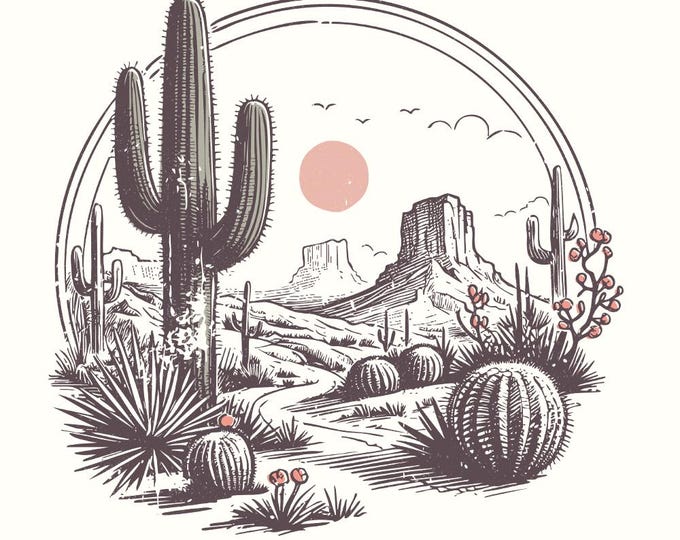 Serene Desert Landscape Illustration, Southwestern Cactus Art, Vintage Desert Scene, Retro Sunset Over Cacti, Arid Land with Mountains