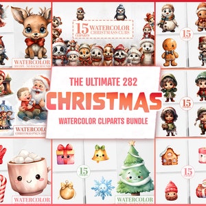 282 Mega Christmas Watercolor Clipart Bundle: Cute Kids, Kawaii Decor, Woodland & Jungle Animals, Elves, Santa, Gnomes, Reindeer, Dinosaurs