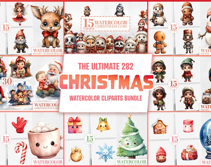 282 Mega Christmas Watercolor Clipart Bundle: Cute Kids, Kawaii Decor, Woodland & Jungle Animals, Elves, Santa, Gnomes, Reindeer, Dinosaurs