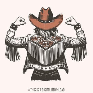Cowgirl PNG, art de la veste à franges, illustration forte de la femme occidentale, cowgirl vintage avec tenue brodée, cowgirl féminine