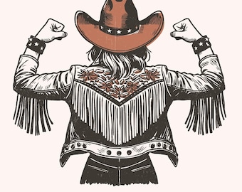 Empowered Cowgirl PNG, Fringe Jacket Art, Strong Western Lady Illustration, Vintage Cowgirl with Embroidered Outfit, Feminine Cowgirl