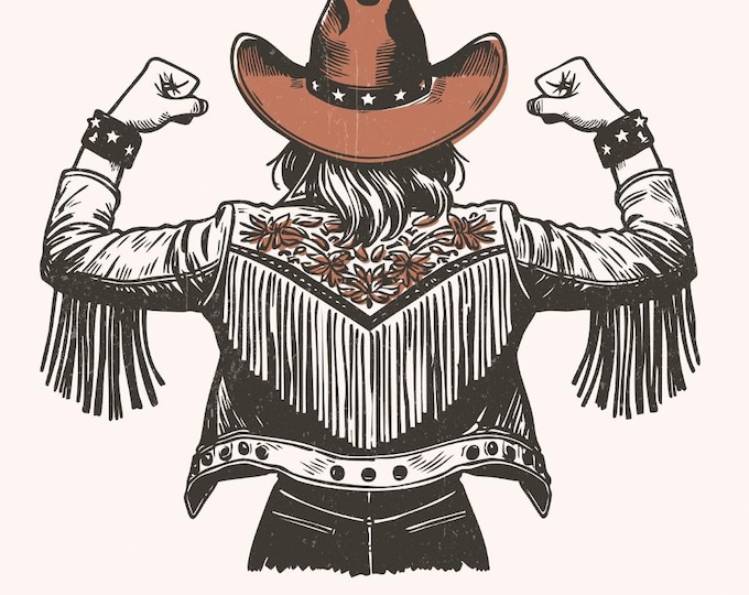 Empowered Cowgirl PNG, Fringe Jacket Art, Strong Western Lady Illustration, Vintage Cowgirl with Embroidered Outfit, Feminine Cowgirl