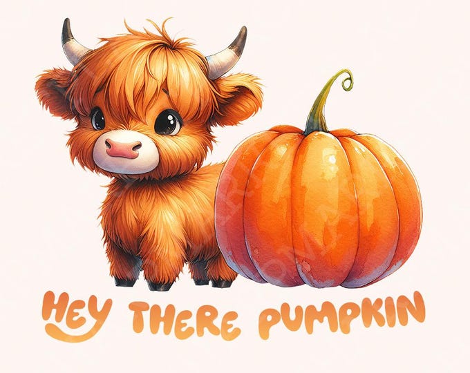 Highland Cow PNG, Autumn PNG, Fall png, Pumpkins PNG, Sublimation Designs, Fall Sublimations, Watercolor Cow, Autumn Clipart, Baby Highland