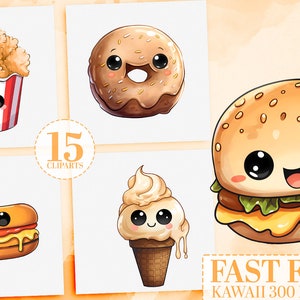 15 Kawaii Fast Food Clipart Bundle, Cute Food PNGs, Kawaii Burger, Pizza, Hot Dog, Ice Cream, Soda, Printable Stickers, Scrapbooking