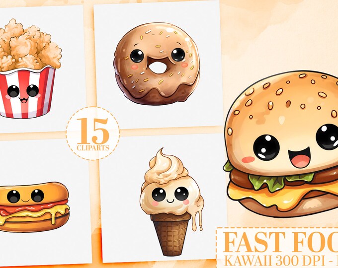 15 Kawaii Fast Food Clipart Bundle, Cute Food PNGs, Kawaii Burger, Pizza, Hot Dog, Ice Cream, Soda, Printable Stickers, Scrapbooking