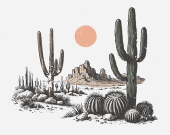 Desert Sunset Cactus PNG, Western Design Download, Retro Style Desert Scene, Trendy Western PNG, Cactus Western Sublimation Graphics