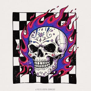 Kleurrijke vlammende schedel png, neon schedel clipart met dambord, gotische edgy sublimatiekunst, retro punkrock shirtontwerp, png