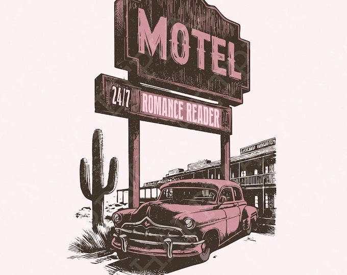 Romance Reader Motel PNG, Trendy Vintage Bookish Retro Art, Graphic Tee, Book Lover, Bookworm, Reading, Book Nerd, Bookish Sticker Design