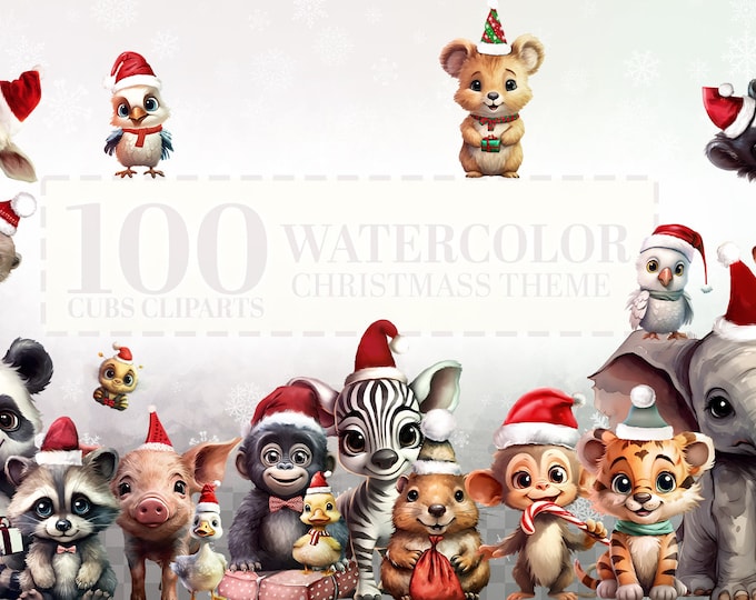 100 Watercolor Christmas Animals Clipart Bundle: Woodland, Jungle, Ocean, Safari Animals PNGs - Xmas Fox, Deer, Bear, Fantasy Holiday Art