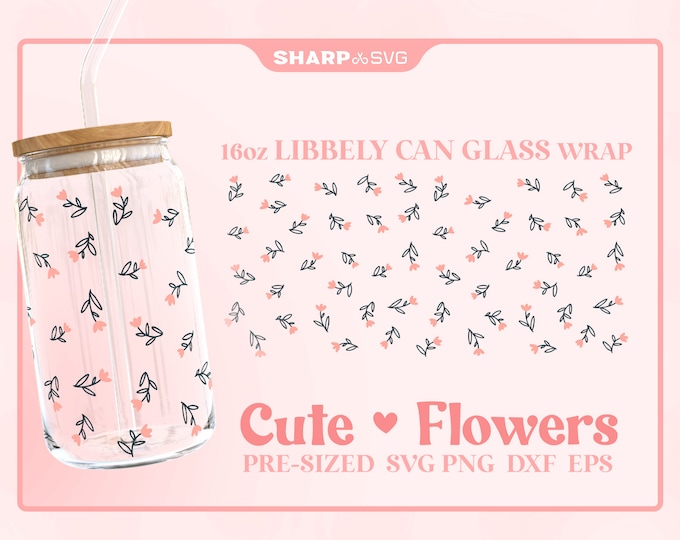 Cute Flowers SVG Can Glass Wrap SVG • 16oz Glass Beer Can Cutfile • Can Template • digital files dxf eps png • Cricut • Silhouette